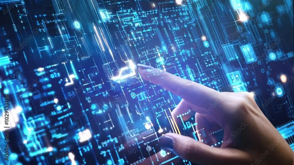 Hand touching virtual screen with financial technology  on digital interface, circuit pattern background for Business innovation concept. ,generative ai