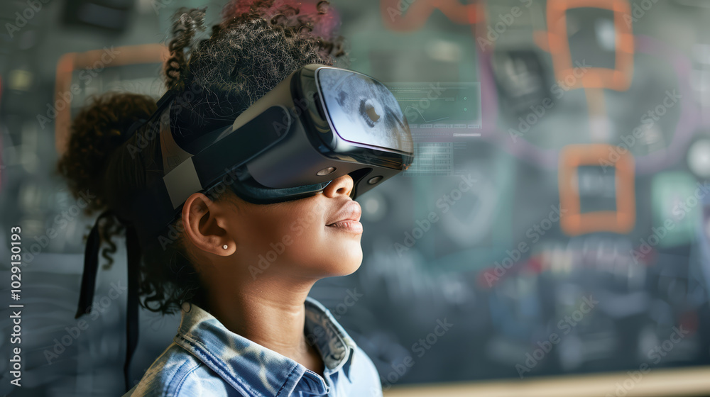 young girl wearing virtual reality headset, immersed in digital experience, showcasing curiosity and excitement in classroom setting young girl wearing virtual reality headset, immersed in digital experience, showcasing curiosity and excitement in classroom setting