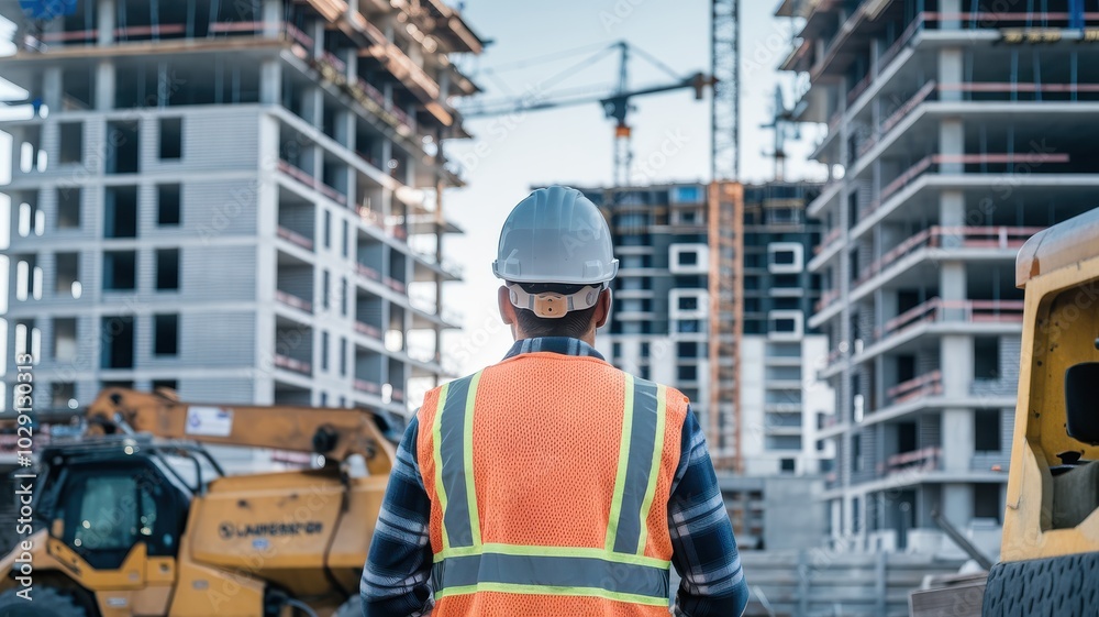 Construction worker overseeing building site with heavy machinery and cranes. Construction worker overseeing building site with heavy machinery and cranes.