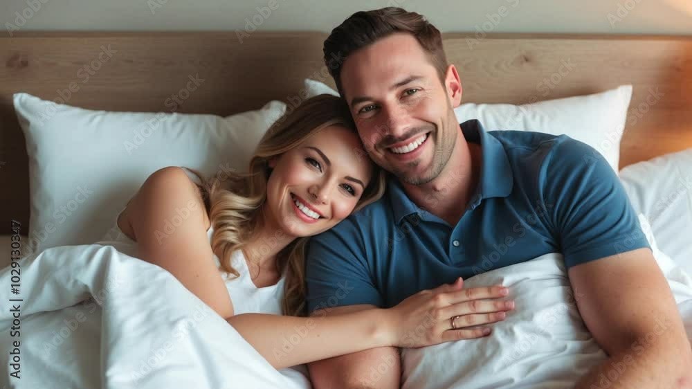 Happy Caucasian couple, lying in bed, smile at camera. 3D loop animation video. High quality FullHD footage Happy Caucasian couple, lying in bed, smile at camera. 3D loop animation video. High quality FullHD footage