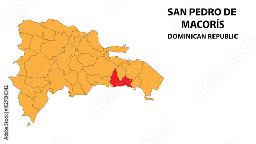 San Pedro de Macorís Map is highlighted on the Dominican Republic map with detailed state and region outlines. photo