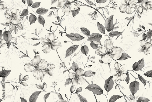 Elegant botanical line art featuring delicate leaves and flowers in black and white, creating a calming and refined wallpaper design for any space. photo