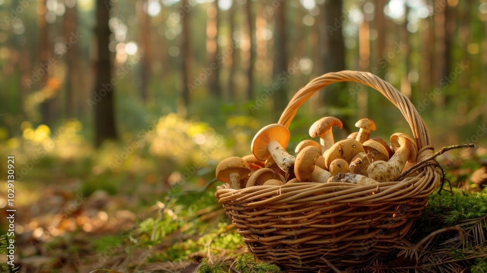 Basket with fresh porcini mushrooms in forest. Copy space. Basket with fresh porcini mushrooms in forest. Copy space.