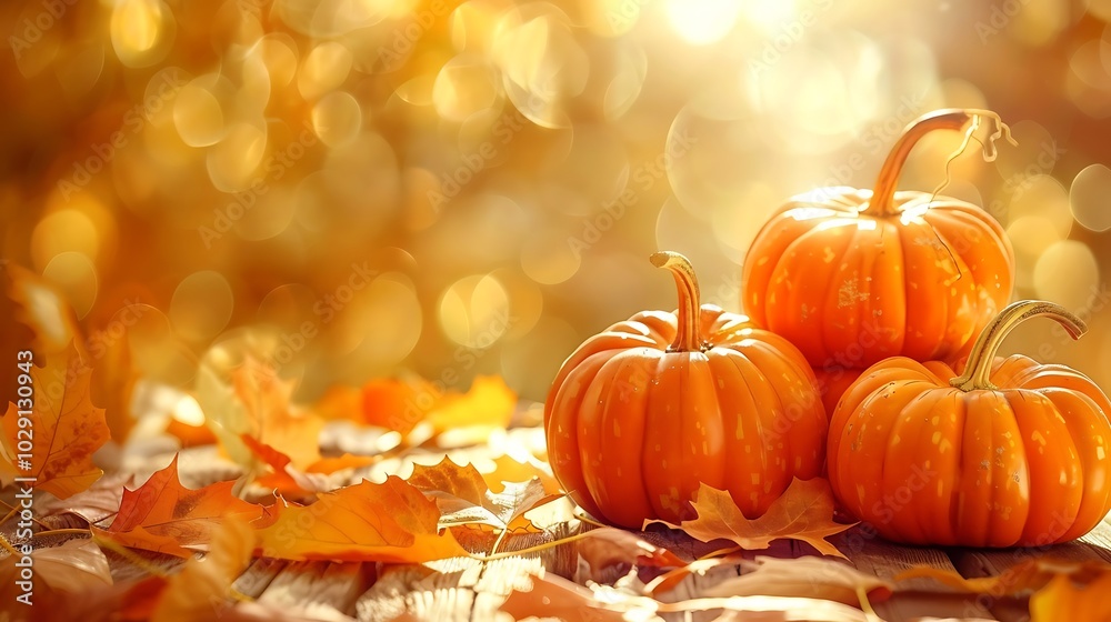 Autumn harvest, pumpkins, leaves on wooden table, golden backdrop, copy space, realistic, HD. Autumn harvest, pumpkins, leaves on wooden table, golden backdrop, copy space, realistic, HD.