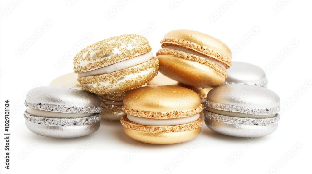 Festive macarons in gold and silver colors, arranged beautifully for New Year's celebrations, isolated on white background Festive macarons in gold and silver colors, arranged beautifully for New Year's celebrations, isolated on white background