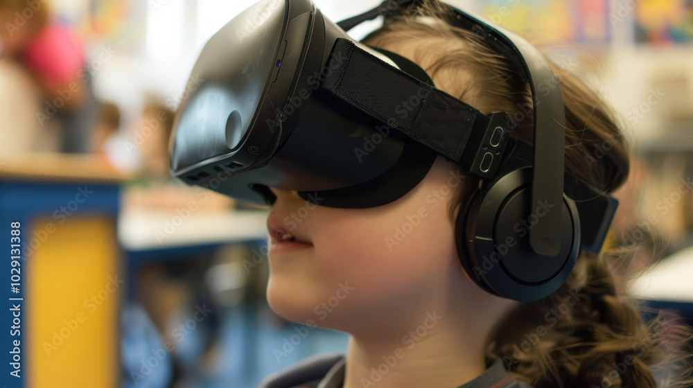 child wearing virtual reality headset and headphones, immersed in engaging learning experience in classroom setting. atmosphere is filled with curiosity and excitement child wearing virtual reality headset and headphones, immersed in engaging learning experience in classroom setting. atmosphere is filled with curiosity and excitement