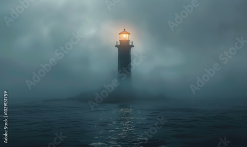 Lighthouse beacon cutting through foggy coastal air, 4K hyperrealistic photo