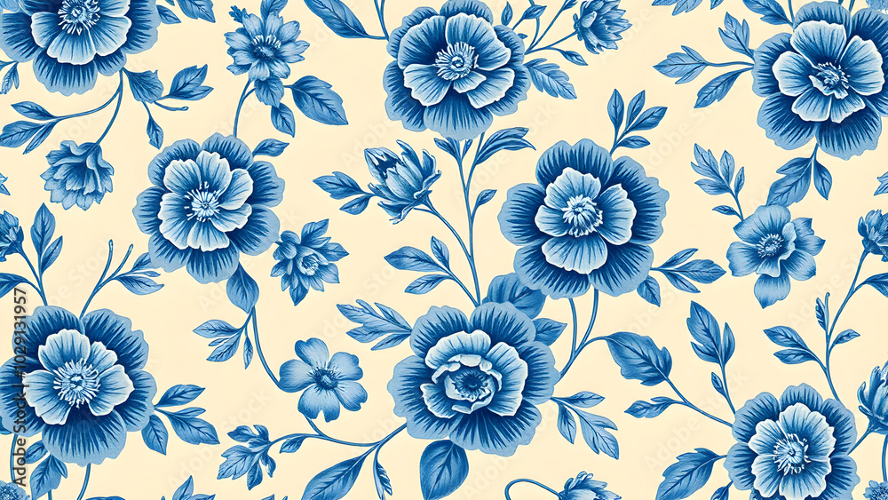 Detailed blue floral design with intricate leaf and flower motifs, Generative AI