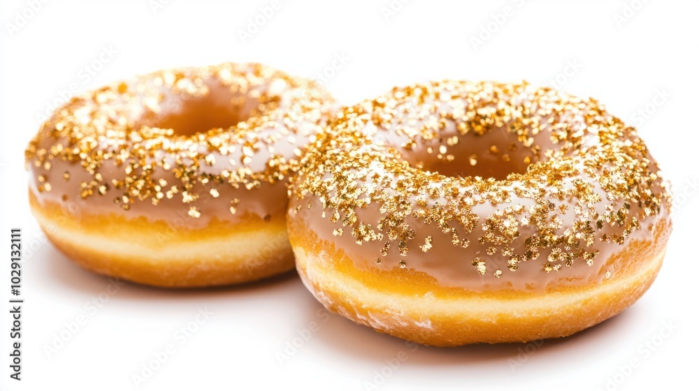Festive New Year donuts covered in gold icing and edible glitter, isolated on white background Festive New Year donuts covered in gold icing and edible glitter, isolated on white background