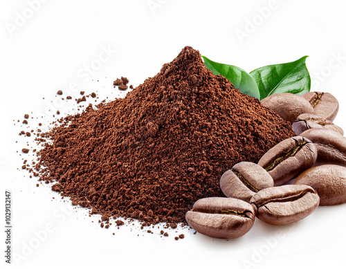 Ground coffee and coffee beans on white background. Macro with full dept of field photo