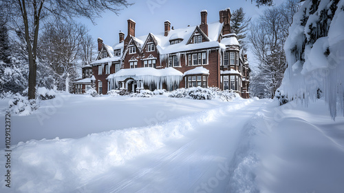 A large manor house buried in snow with icicles hanging from the windowsills and the driveway completely blocked by towering snowbanks.