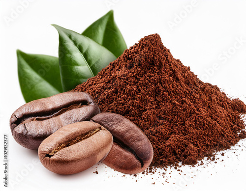 Ground coffee and coffee beans on white background. Macro with full dept of field photo