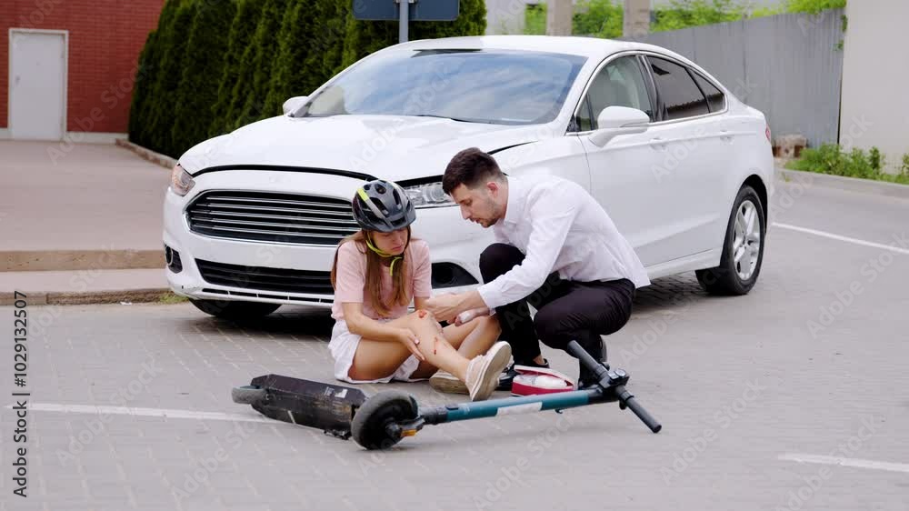 Driver administers first aid to injured woman bringing car first aid kit