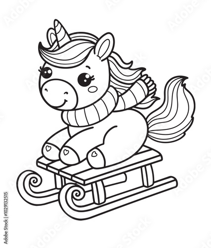 Unicorn rides on a sleigh. Merry Christmas unicorn coloring. Hand drawn vector illustration. Magical animal. Coloring book pages for adults and kids. Winter. Snow is falling.