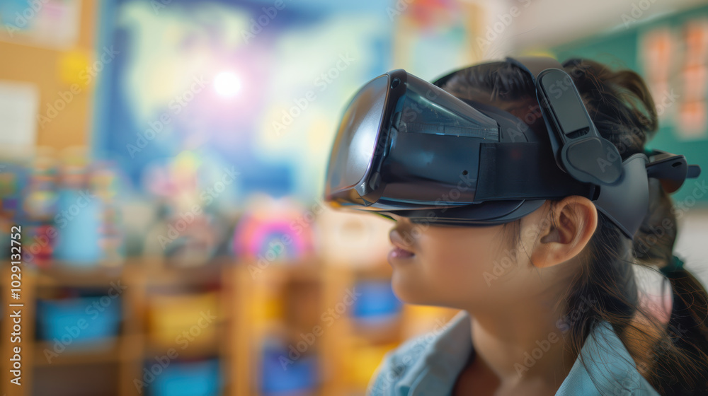 Immersed in virtual world, girl experiences wonders of technology through VR headset in vibrant classroom setting. Her curiosity and excitement are palpable Immersed in virtual world, girl experiences wonders of technology through VR headset in vibrant classroom setting. Her curiosity and excitement are palpable