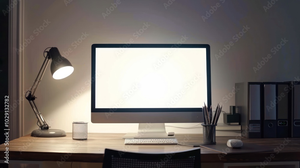 Fototapeta premium Blank screen computer, lamp and table folder over white background