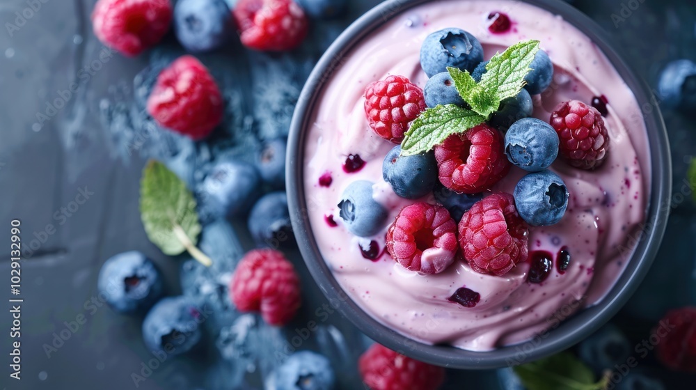 Blueberry yogurt with fresh berries, top view background