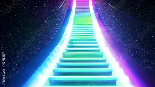 Glowing moving staircase, escalator. An abstract, glowing staircase going upward into infinity, vibrant colors. Abstract texture, pattern. photo