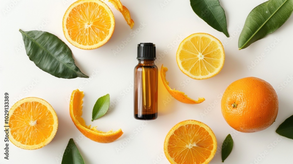 Bottle of natural bergamot or lemon essential oil on white background with orange scent. Flat lay. Aromatherapy and natural cosmetics. Bottle of natural bergamot or lemon essential oil on white background with orange scent. Flat lay. Aromatherapy and natural cosmetics.