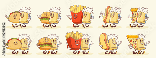 Groovy Beer and Street Food Snacks Retro Characters Set. Cartoon Burger, Pizza, Taco, Fries, Hot Dog and Mug Smiling Vector Fast Food Mascot Templates Happy Vintage Illustrations Collection Isolated