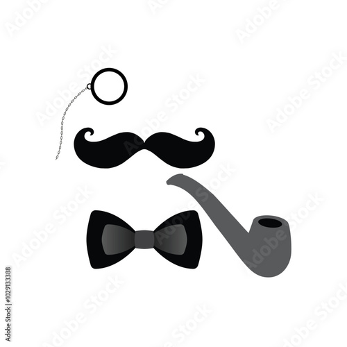 Silhouette of monocle, mustache, pipe and bow tie on white background