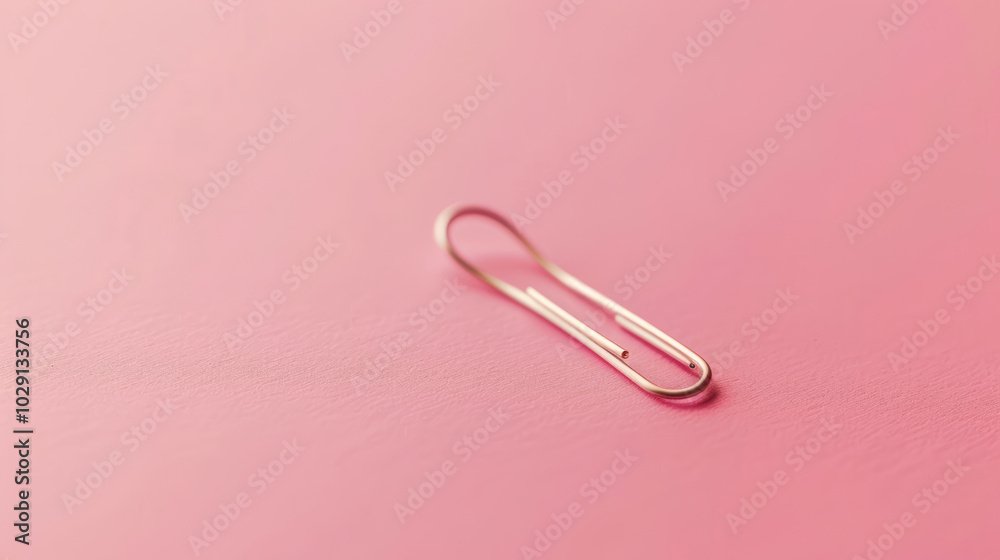 simple paper clip rests on soft pink background, showcasing its sleek design and metallic shine. This minimalist image highlights everyday office supplies beautifully