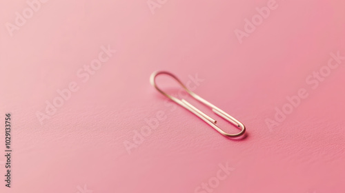 simple paper clip rests on soft pink background, showcasing its sleek design and metallic shine. This minimalist image highlights everyday office supplies beautifully