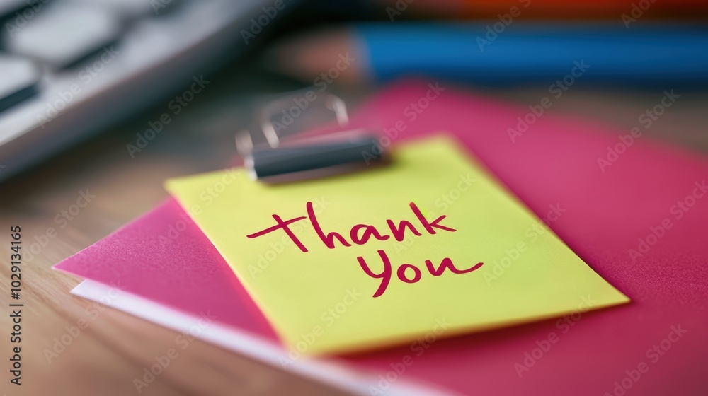 Thank you postit note, hand written text on yellow sticky note, office desk background Thank you postit note, hand written text on yellow sticky note, office desk background