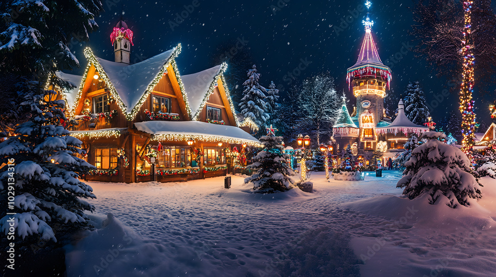 A majestic Christmas castle covered in snow with colorful lights and decorations illuminating its towers and windows. A majestic Christmas castle covered in snow with colorful lights and decorations illuminating its towers and windows.