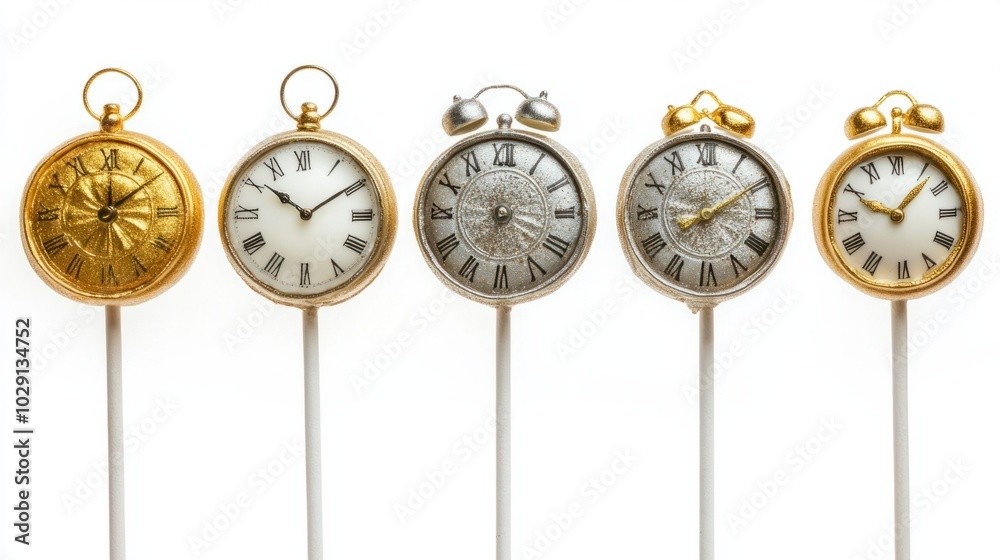 New Year cake pops shaped like clocks, decorated with gold and silver icing, isolated on white background New Year cake pops shaped like clocks, decorated with gold and silver icing, isolated on white background
