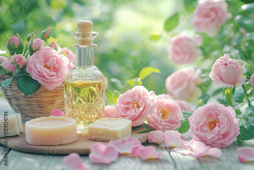 Natural rose cosmetics. Rose oil and soap among bushes of perfume rose and rose petals