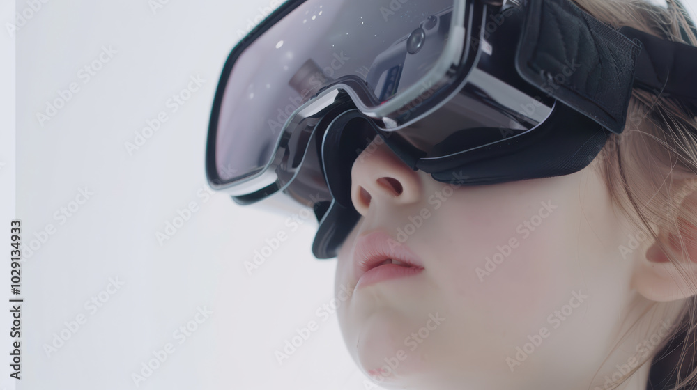 child wearing virtual reality goggles, immersed in digital experience, showcasing curiosity and wonder. futuristic technology enhances their engagement and imagination child wearing virtual reality goggles, immersed in digital experience, showcasing curiosity and wonder. futuristic technology enhances their engagement and imagination