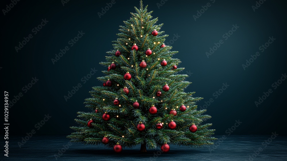 Decorated Christmas Tree with Red Ornaments and Lights on Dark Background Decorated Christmas Tree with Red Ornaments and Lights on Dark Background