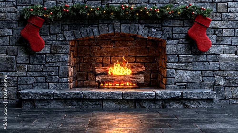 Obraz premium Cozy Christmas Fireplace with Stone Mantel and Stocking