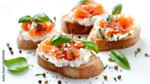 Bruschetta with salmon and cream cheese isolated