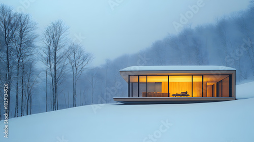 A modern mountain retreat buried in snow with floor-to-ceiling windows offering a view of the snow-covered landscape outside the warm interior contrasting the cold outside.