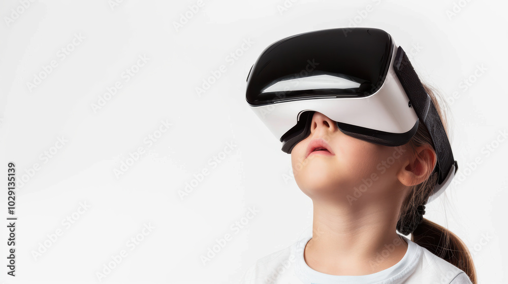 child wearing virtual reality headset, immersed in digital experience, showcasing curiosity and wonder. futuristic technology captures imagination of young users