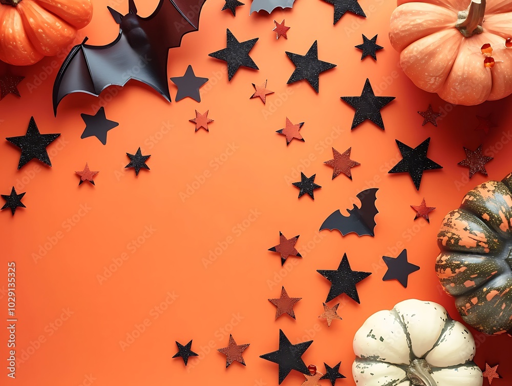 Flat lay Halloween concept, pumpkins, stars, bats on orange table, banner design, copy space. Flat lay Halloween concept, pumpkins, stars, bats on orange table, banner design, copy space.