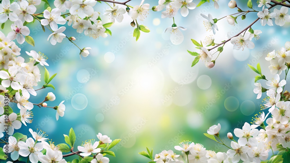 Obraz premium Floral border design in spring showcasing white blossoms and generous area for text.