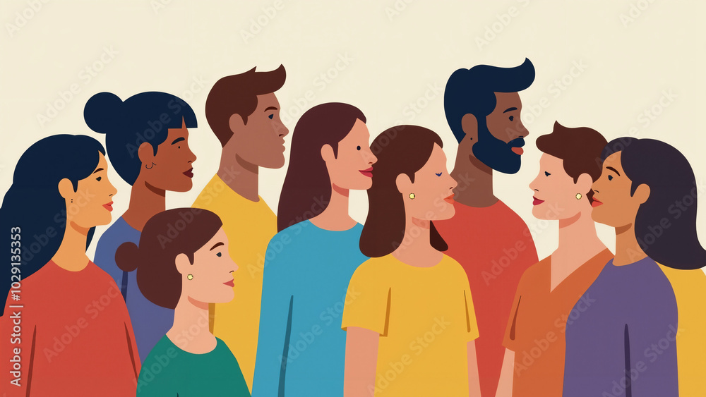 Colorful flat illustration of diverse crowd representing inclusion and diversity concept for corporate branding Colorful flat illustration of diverse crowd representing inclusion and diversity concept for corporate branding