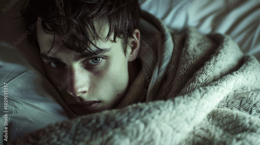 A Young Man with Dark Hair and Deep Eyes Lies in Bed A Young Man with Dark Hair and Deep Eyes Lies in Bed