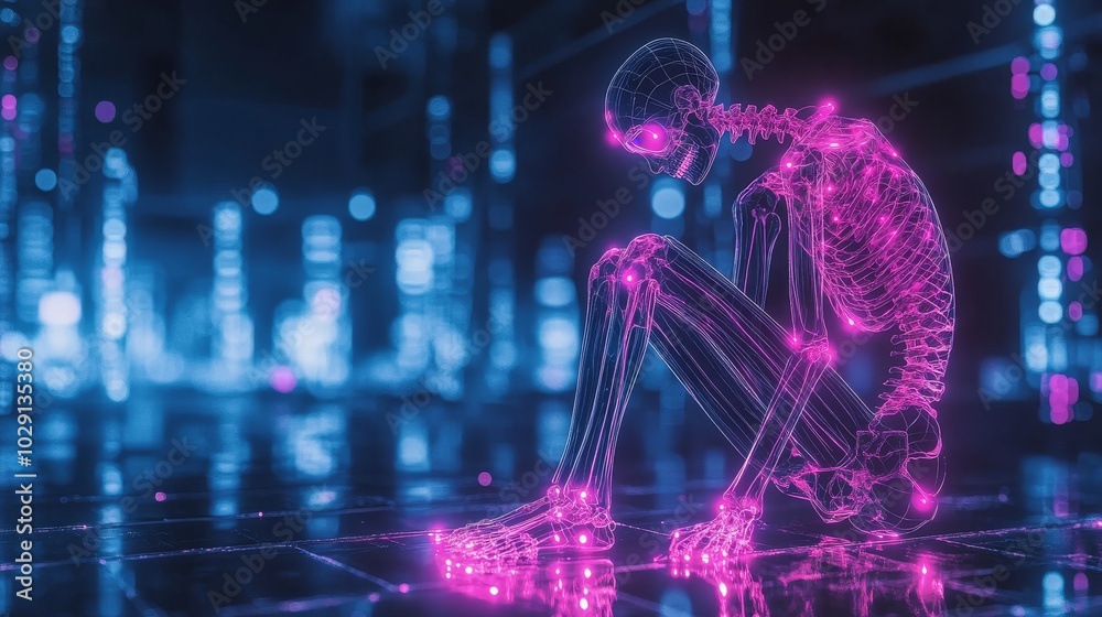 Obraz premium Advanced medical scan of a human skeleton, a neon-lit knee injury surrounded by glowing holographic joint stabilizers in a sleek, tech-driven future world
