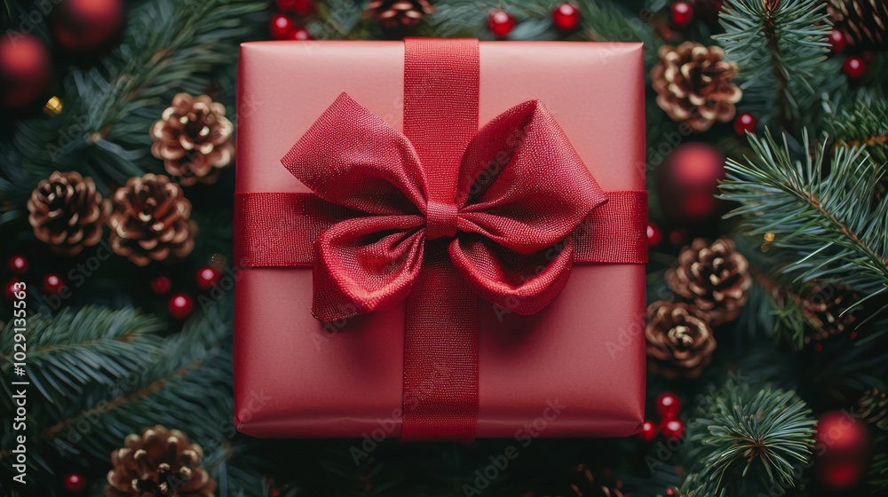 Red Christmas Gift Box with Bow on Pine Tree Branches Red Christmas Gift Box with Bow on Pine Tree Branches