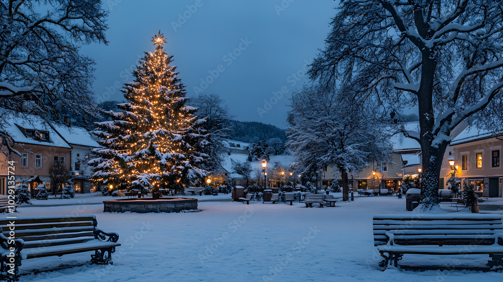 A peaceful winter evening with a brightly lit Christmas tree in the town square surrounded by snow-covered benches.