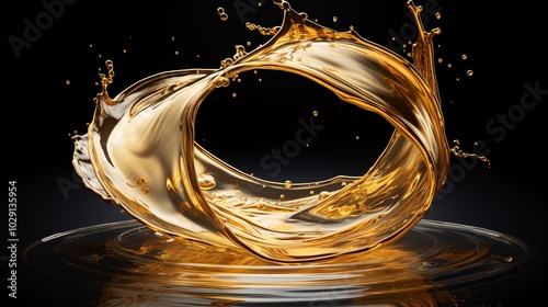 Golden oily liquid creating a splash circle on a black background