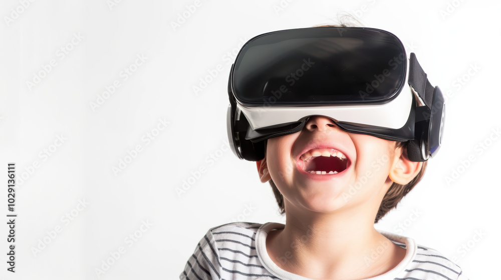 joyful child wearing virtual reality goggles, experiencing excitement and wonder. childs laughter reflects fun of immersive technology joyful child wearing virtual reality goggles, experiencing excitement and wonder. childs laughter reflects fun of immersive technology