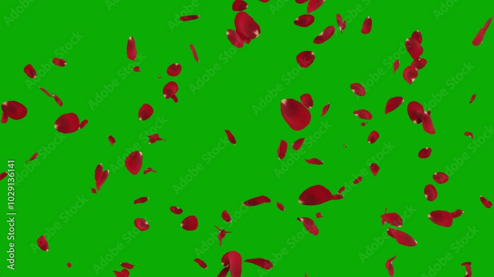 red rose flower petals falling isolated green screen