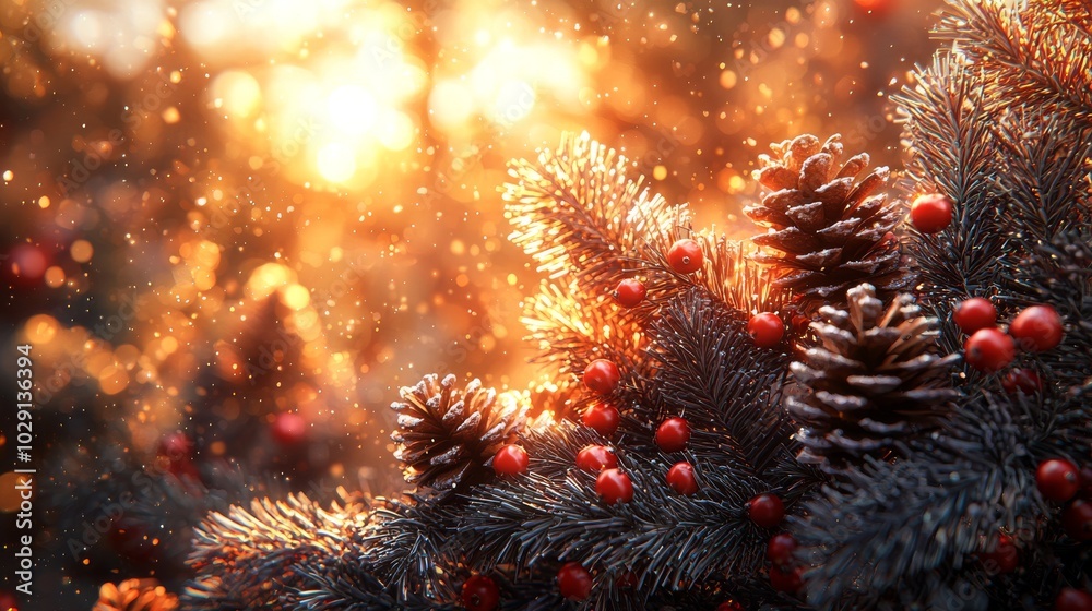 Fototapeta premium Festive Christmas Tree Branch with Pine Cones and Berries