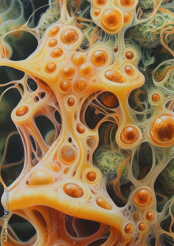 Intricate Abstract Organic Texture: Explore the Captivatingly Surreal Art of Microbial and Cellular Structures in Vibrant Orange Hues photo