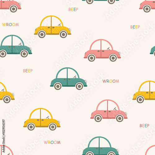Seamless vector pattern with cute childish cars in red yellow and green, kids textile, boy room 